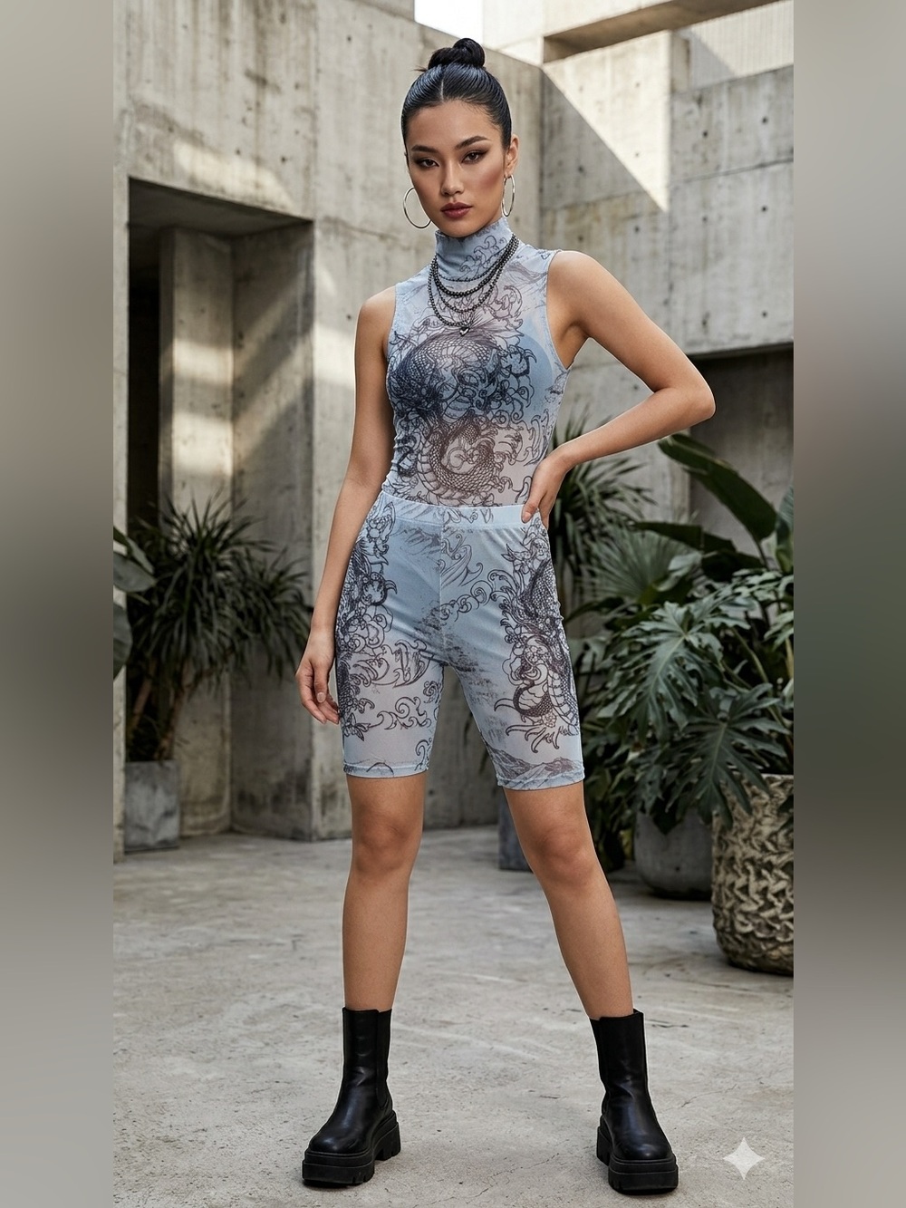 Two-Piece Dragon Print Mesh Set – Mock Neck Top & Biker Shorts